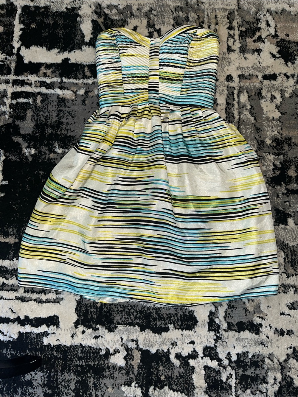 Devlin Girls Strapless Party Dress in Yellow, Blue & Black Stripe